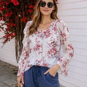 Dainty Coquette Floral Ruffle Blouse White Pink Button Front Top Size XS